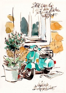 I’d been eyeing this scooter for some time and when the day finally came and I sat down to draw it, the owner turned up and bereft me of my motif. Fortunately, I had already laid down the sketch and was able to finish the picture. Munich, Germany, 2015 © Jan Philipp Schwarz