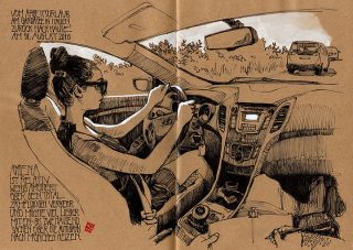 Driving home from a little work retreat in Italy, where my wife started writing her new book and I prepared a workshop for the national Urban Sketcher Symposium. Italy, 2016 © Jan Philipp Schwarz