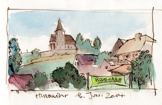 tispy drawing of Hunawihr's church just after Germany had successfully started into their World Cup campaign, France, 2014 © Jan Philipp Schwarz