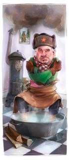 Caricature of Johannes Teyssen of E.ON claiming Germany need not worry about winter gas supplies during dispute with Russia, Client: Wirtschaftswoche, 2015 © Jan Philipp Schwarz